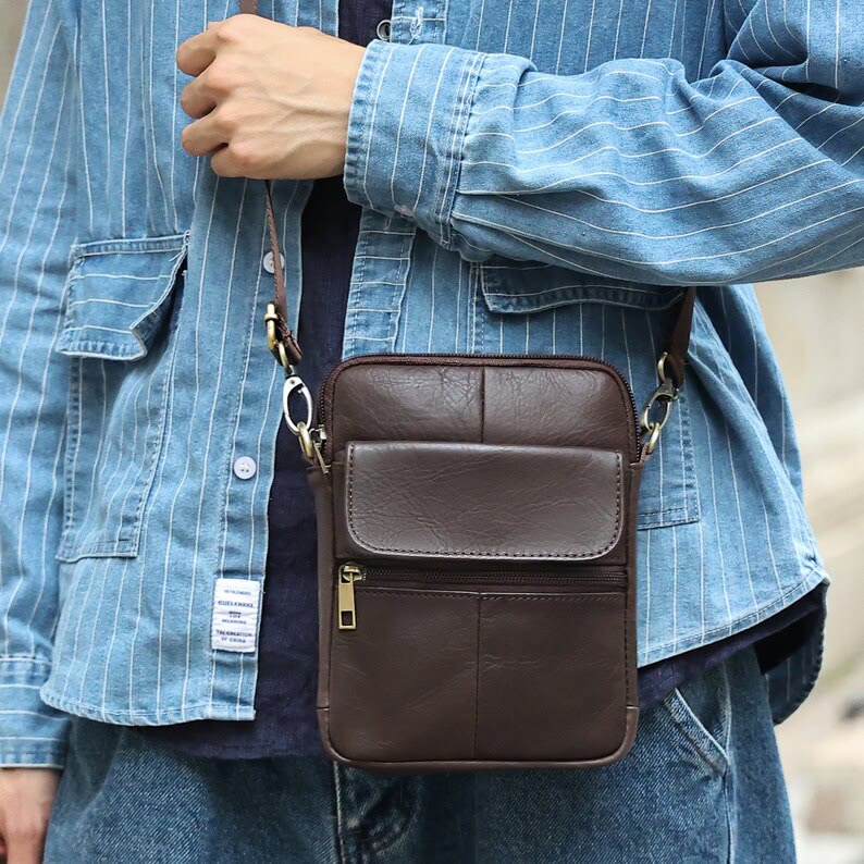 Men’s Small Genuine Leather Shoulder Bag – Compact Crossbody with Adjustable Strap