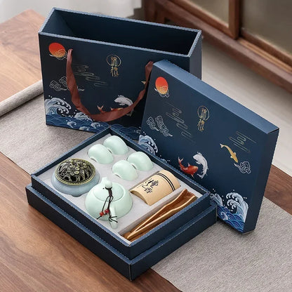Traditional Chinese Ceramic Tea Set with Incense Burner – 4 Cup Portable Gongfu Set