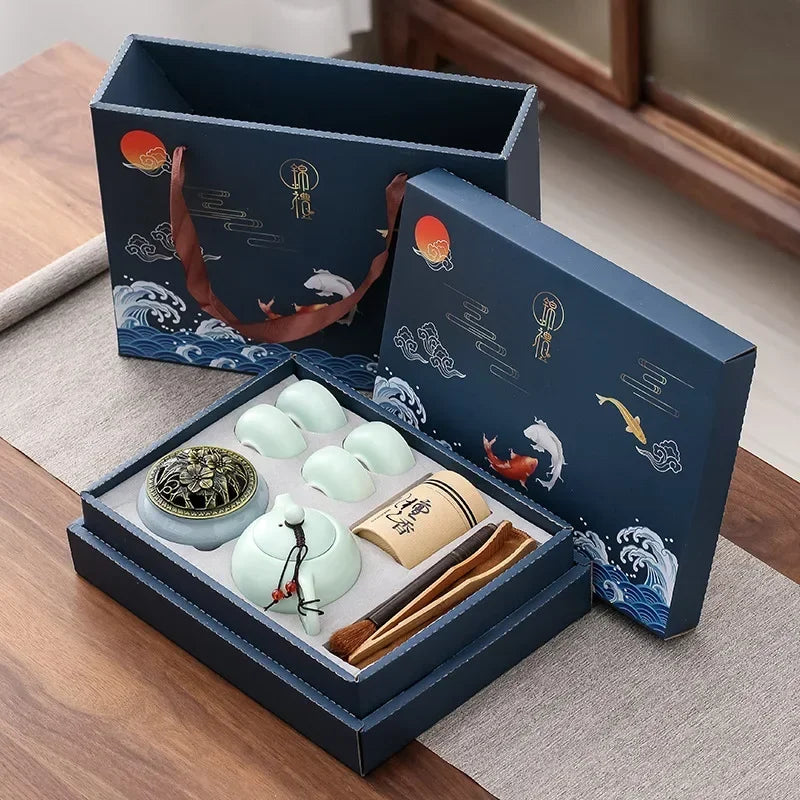 Traditional Chinese Ceramic Tea Set with Incense Burner – 4 Cup Portable Gongfu Set