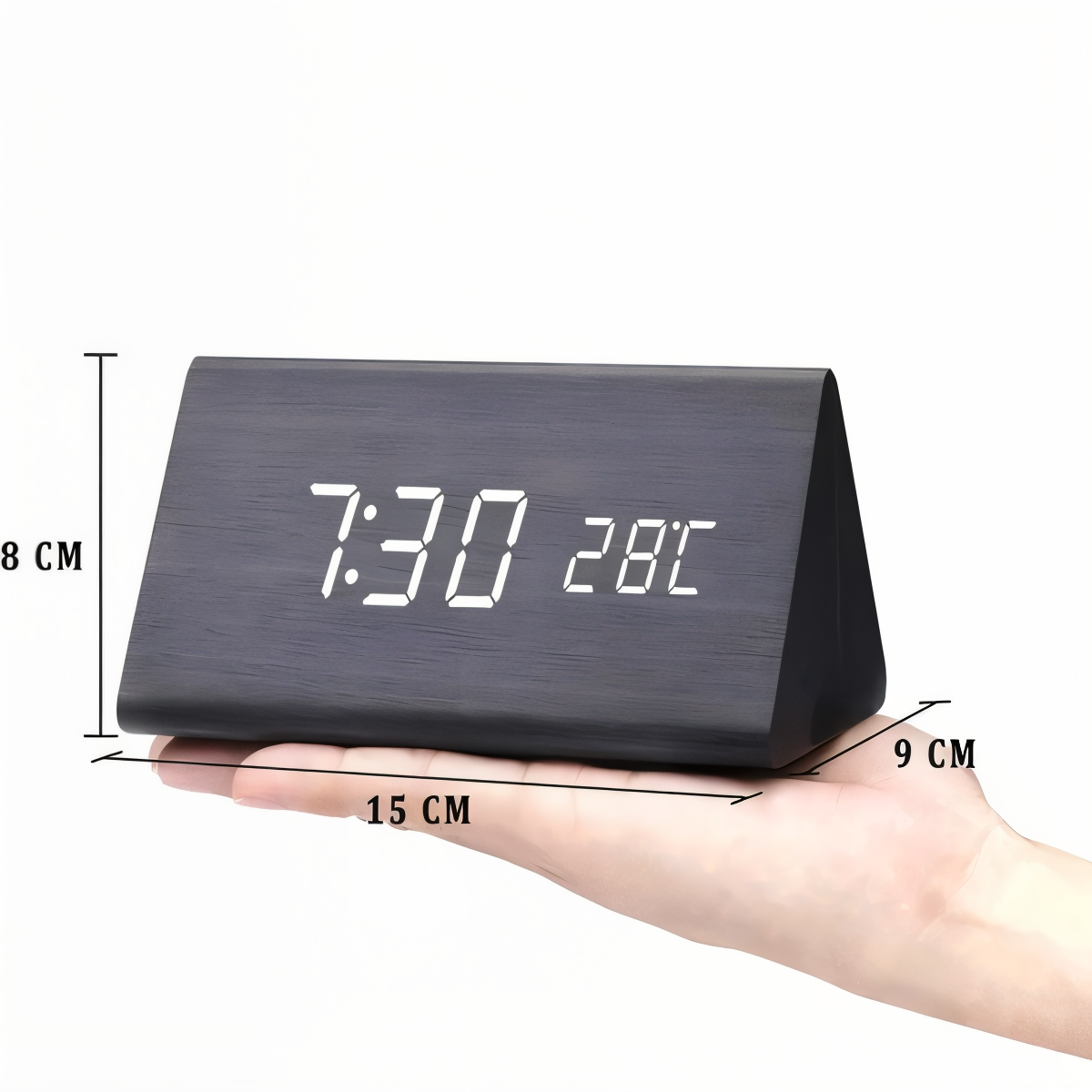 WakeyCue | Modern Wooden LED Digital Alarm Clock with Temperature & Humidity Display