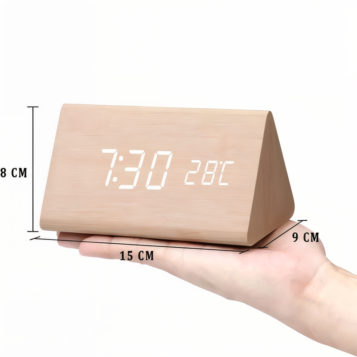 WakeyCue | Modern Wooden LED Digital Alarm Clock with Temperature & Humidity Display