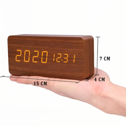 WakeyCue | Modern Wooden LED Digital Alarm Clock with Temperature & Humidity Display