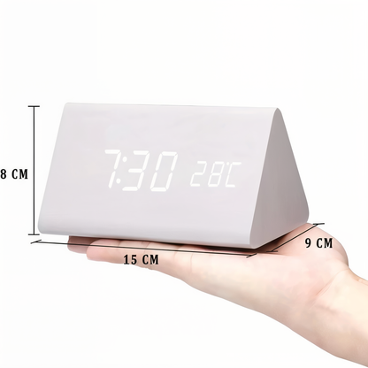 WakeyCue | Modern Wooden LED Digital Alarm Clock with Temperature & Humidity Display