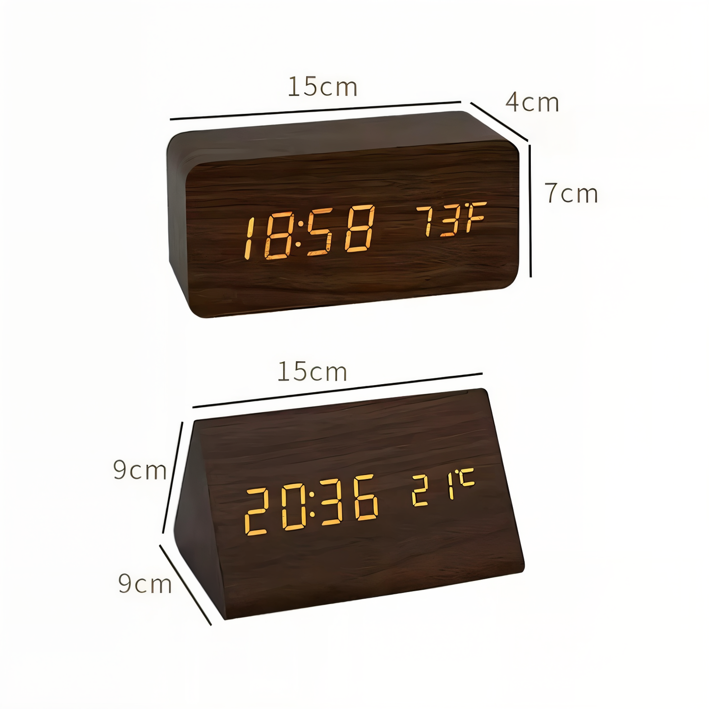 WakeyCue | Modern Wooden LED Digital Alarm Clock with Temperature & Humidity Display