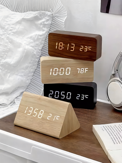 WakeyCue | Modern Wooden LED Digital Alarm Clock with Temperature & Humidity Display