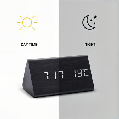 WakeyCue | Modern Wooden LED Digital Alarm Clock with Temperature & Humidity Display