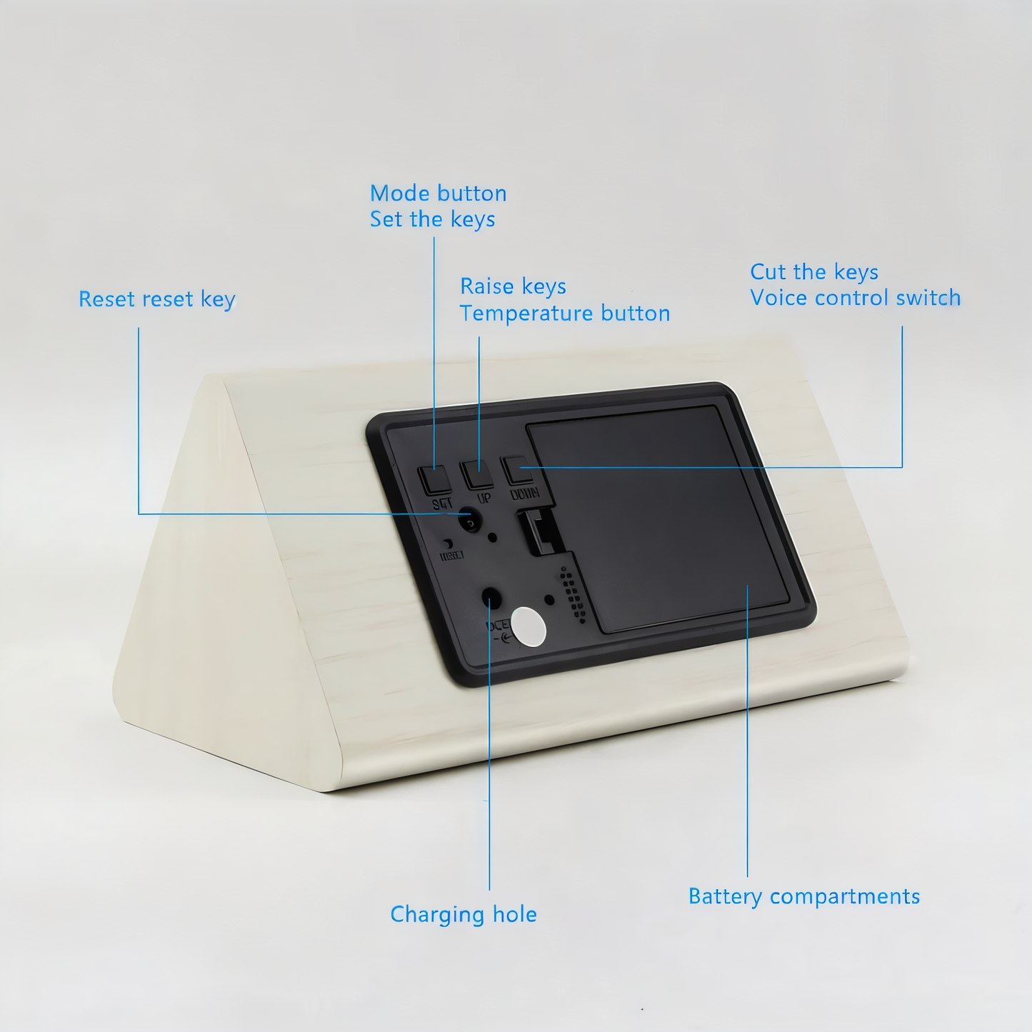 WakeyCue | Modern Wooden LED Digital Alarm Clock with Temperature & Humidity Display