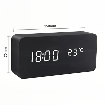WakeyCue | Modern Wooden LED Digital Alarm Clock with Temperature & Humidity Display