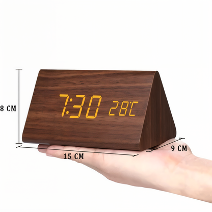 WakeyCue | Modern Wooden LED Digital Alarm Clock with Temperature & Humidity Display
