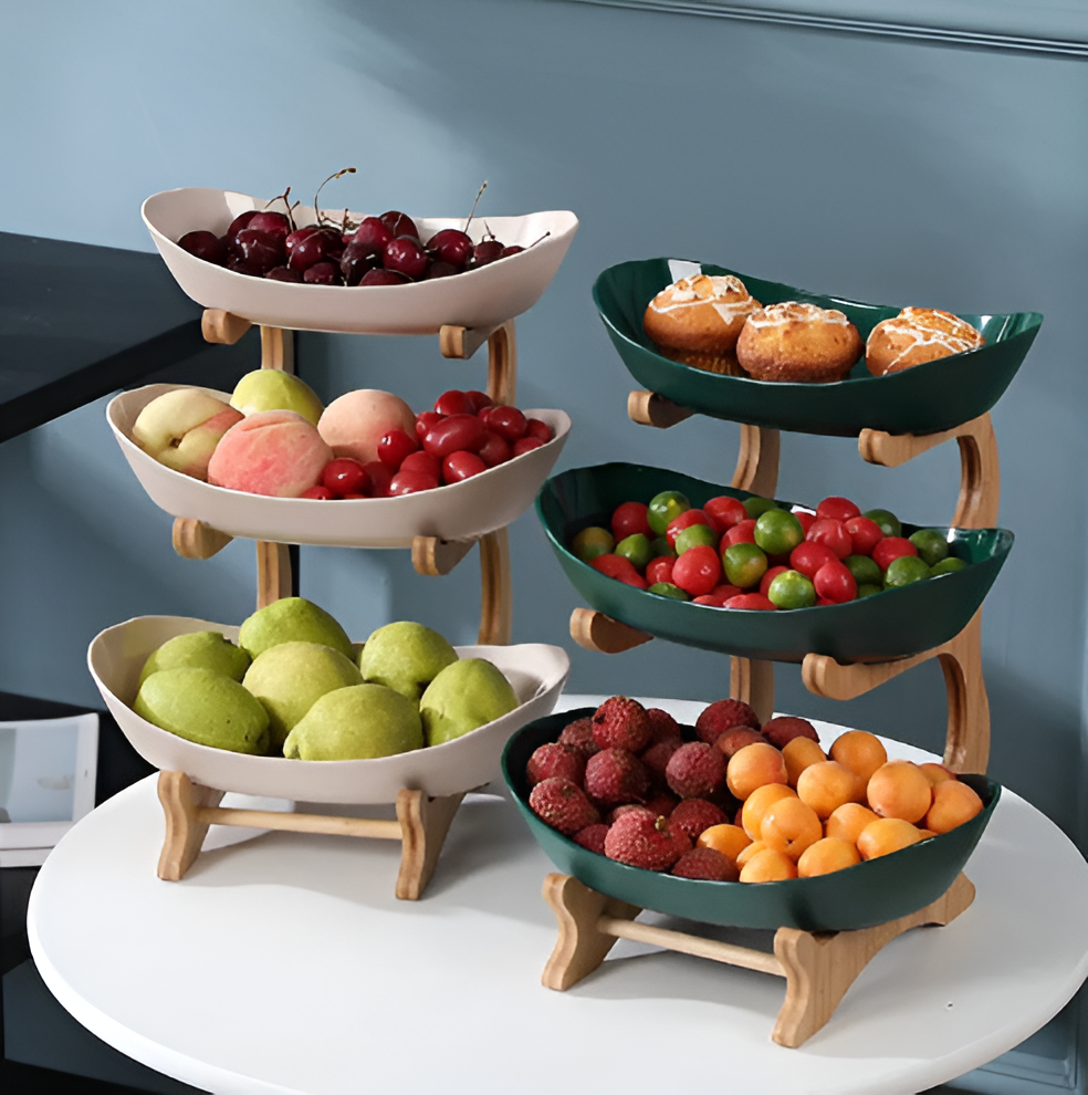 Wooden Tiered Fruit Bowl – Modern Multi-Layer Snack & Fruit Display Stand