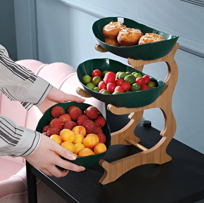 Wooden Tiered Fruit Bowl – Modern Multi-Layer Snack & Fruit Display Stand