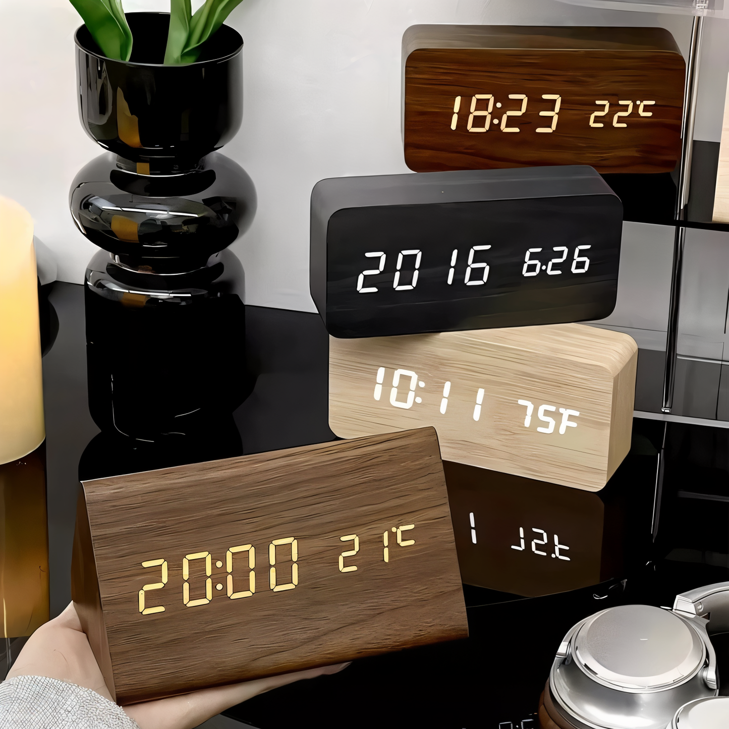 WakeyCue | Modern Wooden LED Digital Alarm Clock with Temperature & Humidity Display