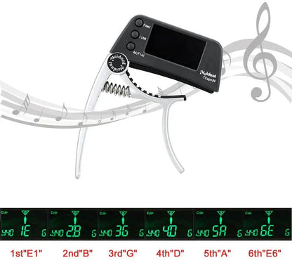 2-in-1 Guitar Capo and Tuner – Clip-On Digital Tuner for Acoustic, Electric, Bass, Ukulele & More