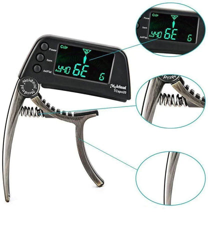 2-in-1 Guitar Capo and Tuner – Clip-On Digital Tuner for Acoustic, Electric, Bass, Ukulele & More