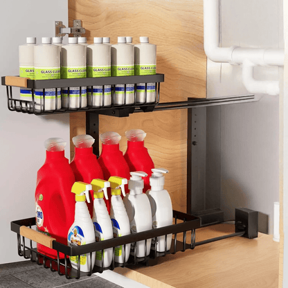 Curcura – Heavy-Duty Adjustable Steel Under Sink Organizer for Kitchen & Bathroom