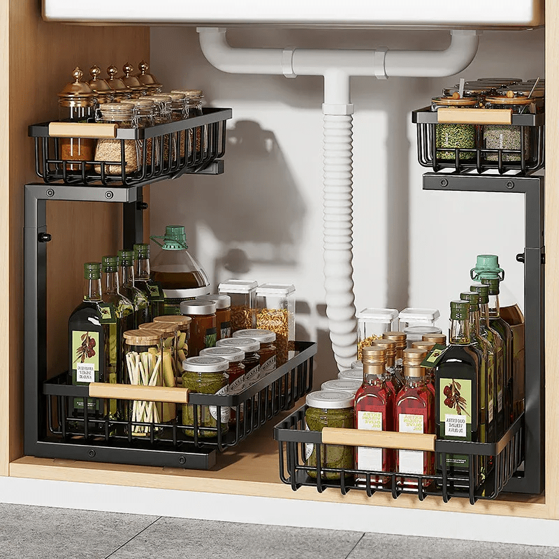 Curcura – Heavy-Duty Adjustable Steel Under Sink Organizer for Kitchen & Bathroom