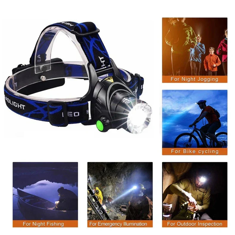 Powerful Waterproof LED Headlamp with Zoom & Rechargeable Battery – Outdoor Adventure Light