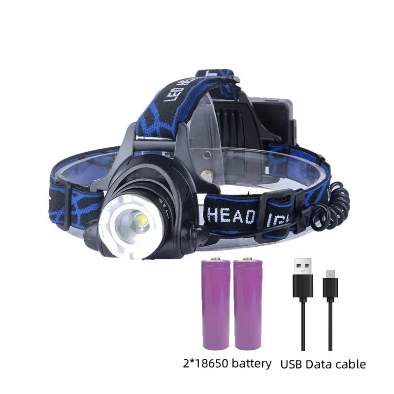 Powerful Waterproof LED Headlamp with Zoom & Rechargeable Battery – Outdoor Adventure Light