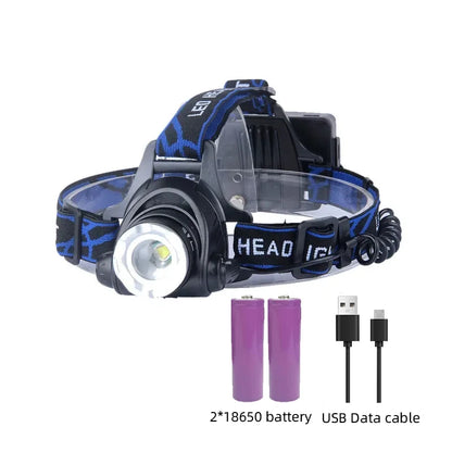 Powerful Waterproof LED Headlamp with Zoom & Rechargeable Battery – Outdoor Adventure Light