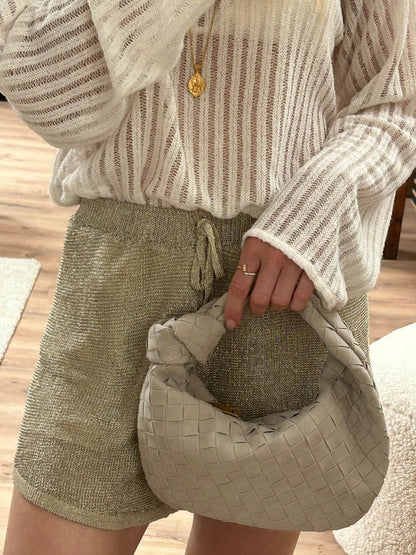 Elsa – Stylish Mini Suede Bag with Woven Knot Design & Gold Accents