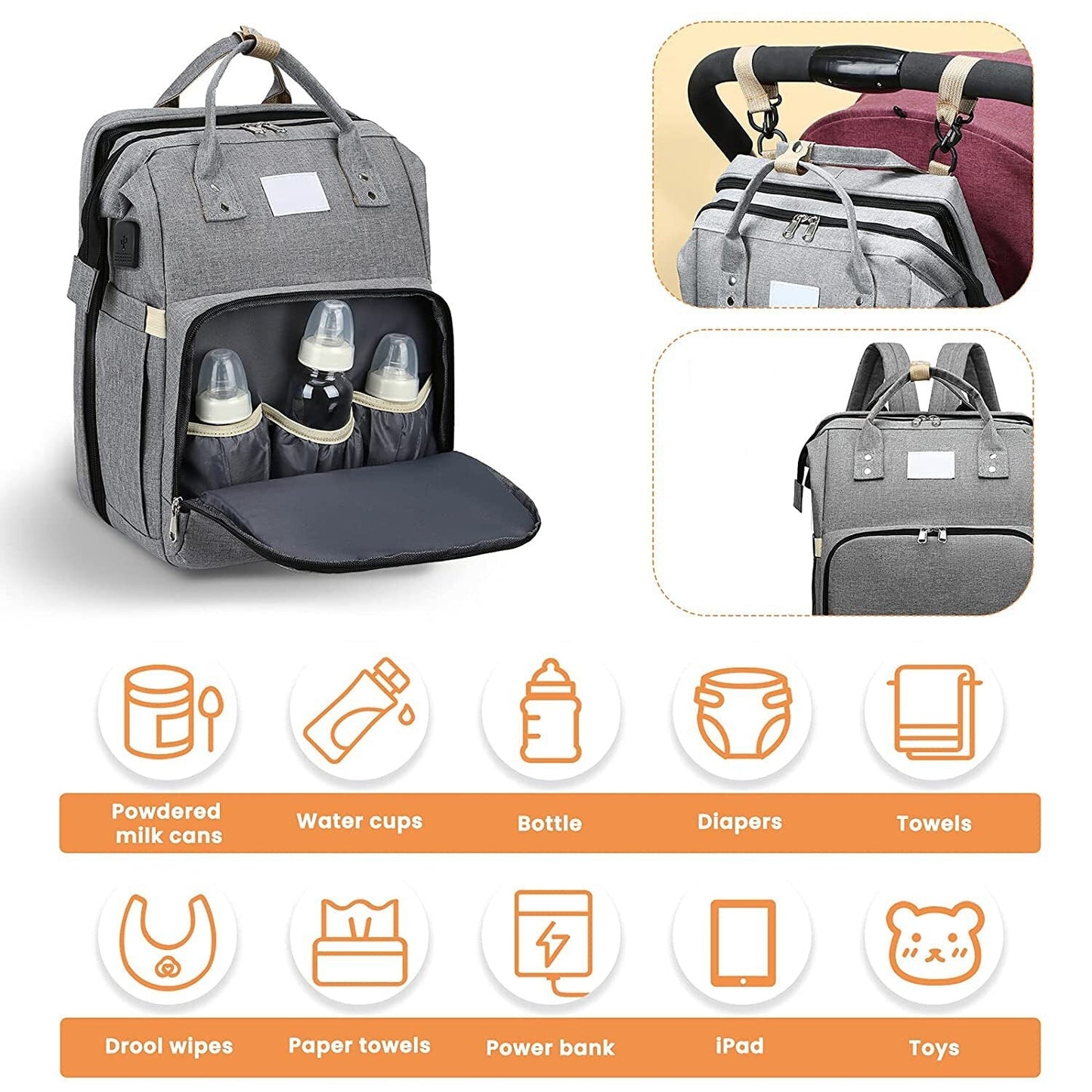 All-in-One Smart Mummy Nappy Bag with Foldable Baby Bed – USB Charging & Waterproof Design