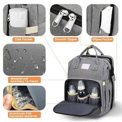 All-in-One Smart Mummy Nappy Bag with Foldable Baby Bed – USB Charging & Waterproof Design