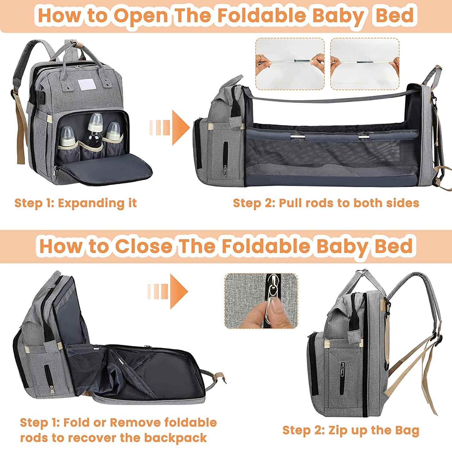 All-in-One Smart Mummy Nappy Bag with Foldable Baby Bed – USB Charging & Waterproof Design