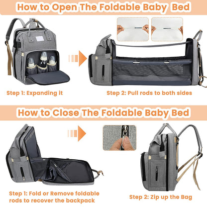 All-in-One Smart Mummy Nappy Bag with Foldable Baby Bed – USB Charging & Waterproof Design