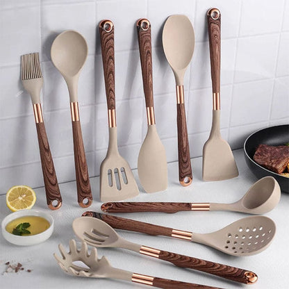 10-Piece Premium Silicone Kitchen Utensil Set with Wooden Handles – Heat-Resistant & Non-Stick Safe