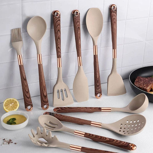 10-Piece Premium Silicone Kitchen Utensil Set with Wooden Handles – Heat-Resistant & Non-Stick Safe