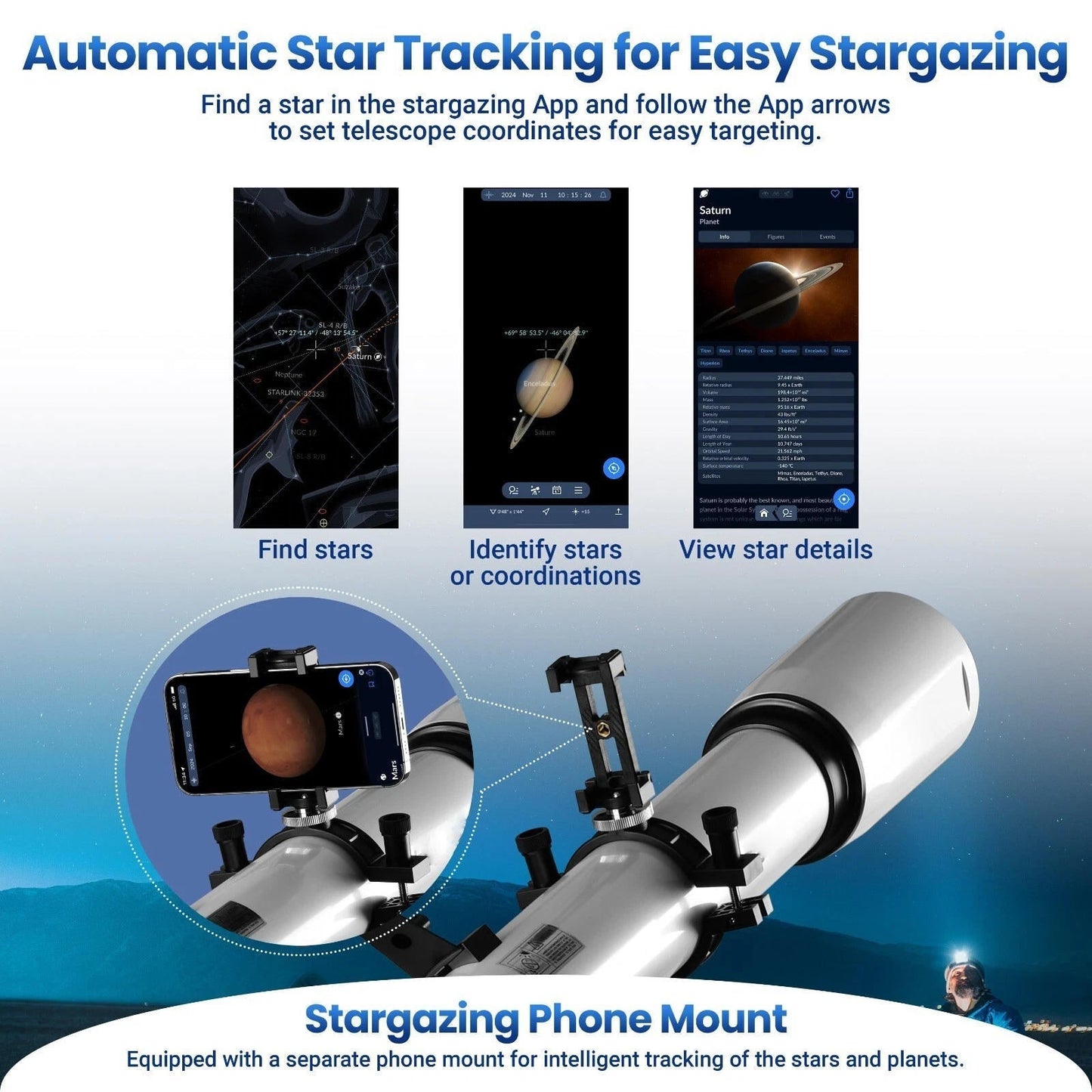 Professional 210X Telescope with Star Tracking App – Beginner-Friendly Astronomical Refractor