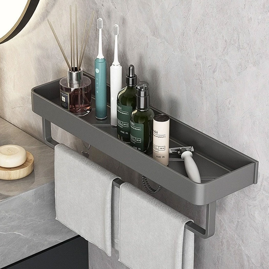 Modern Grey Bathroom Shelf – Stylish Wall-Mounted Storage with Optional Towel Rail