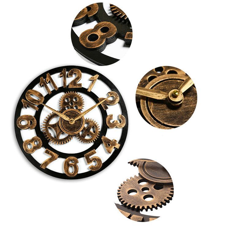 Retro Industrial Wall Clock – Decorative Wooden Gear Design for Home & Office